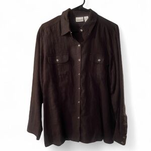 Chico's Snap Close 100% Linen Womens Shirt Casual Sz 12 Dk Brown Western Holiday